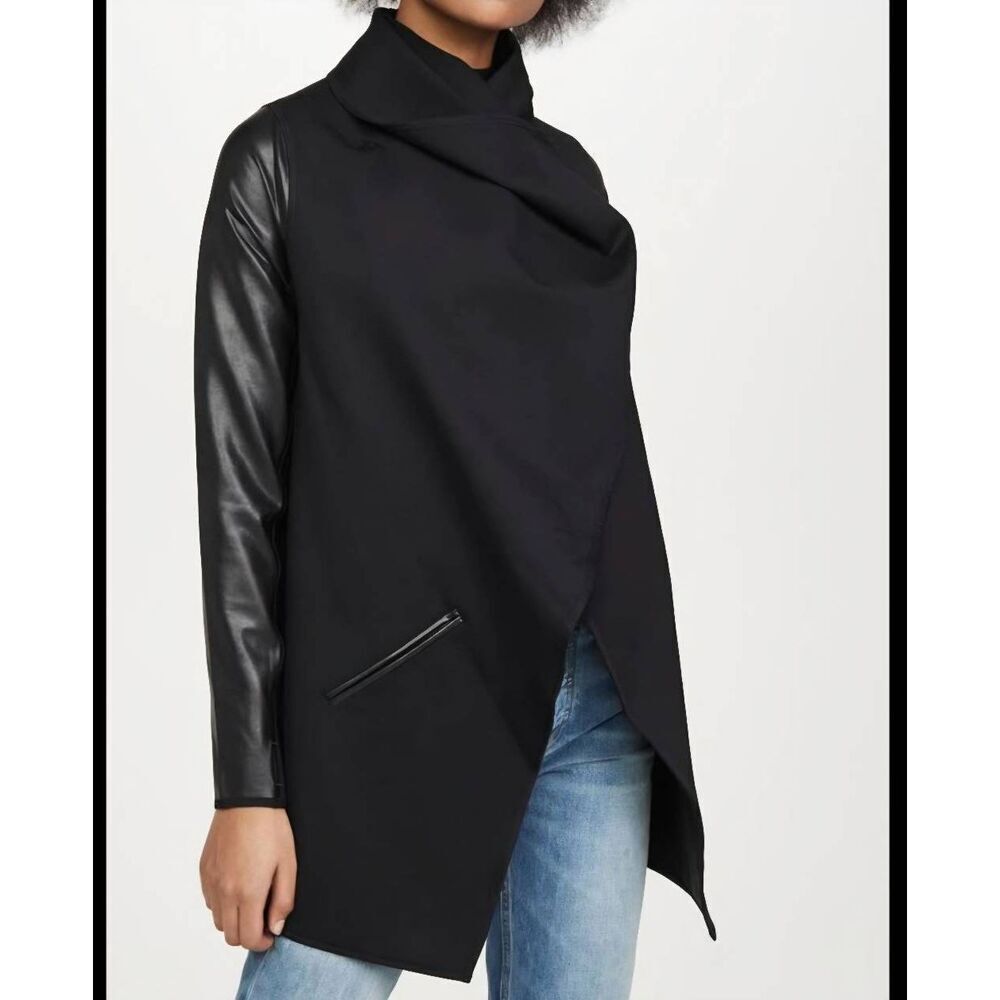 Spanx Jacket Women's Small Black Ponte Convertible Drape Front Faux Leather Moto